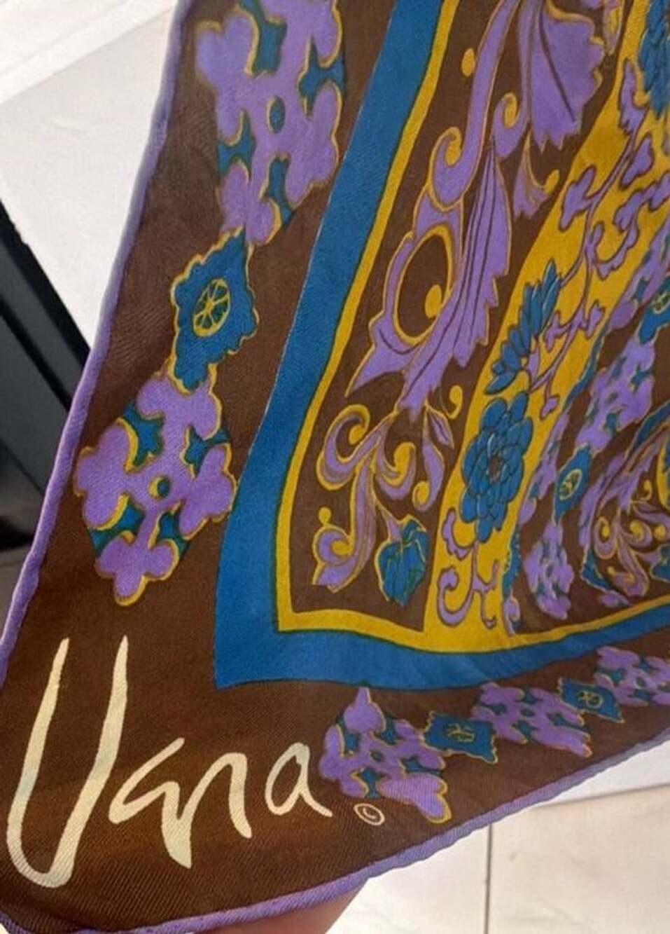 Vera Vintage Floral Scarf Brown Blue Purple Silk Handrolled